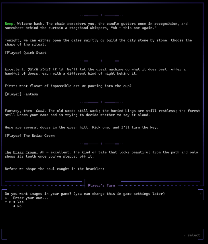 Machine Violet gameplay: guided campaign setup, the DM offering a menu of genres and starting worlds.